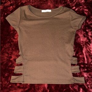 Elegant Brown Ribbed Short Sleeve Top